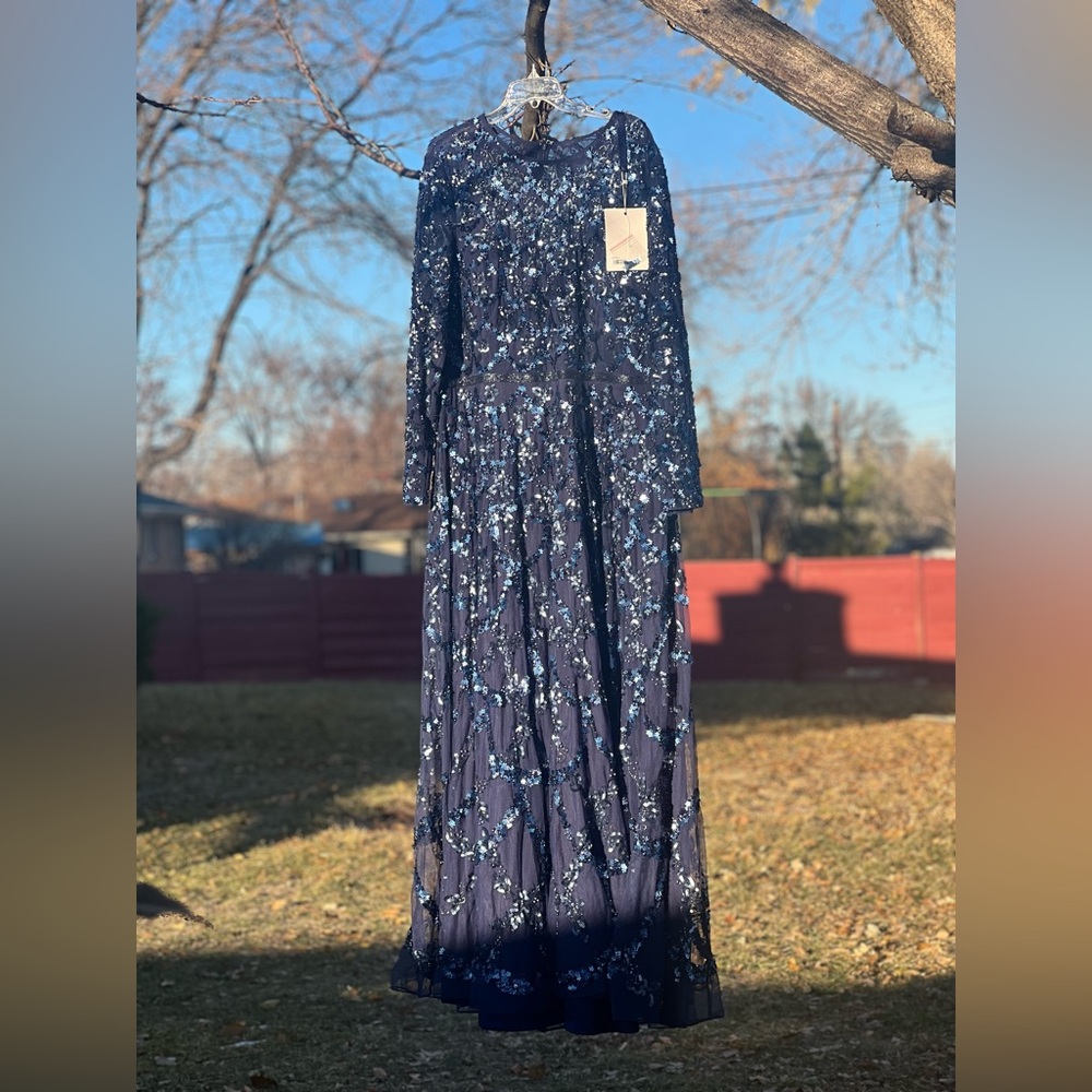 MAC DUGGAL Embellished Illusion High Neck Long Sleeve A Line Gown Navy blue - Picture 6 of 16